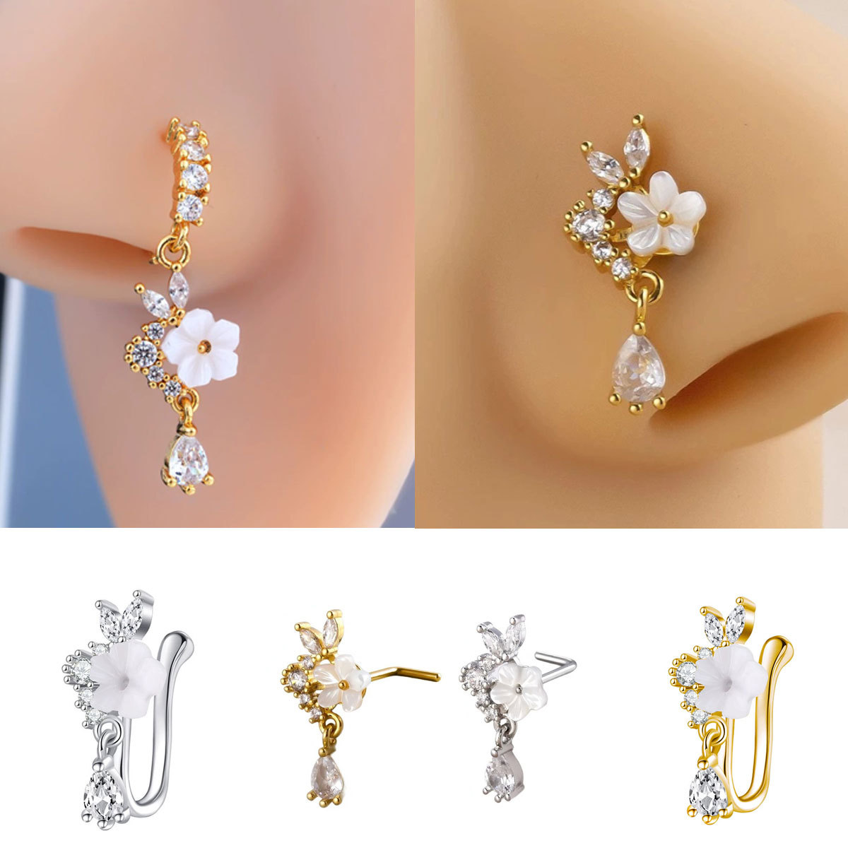 Gold Flower Nose Ring with Dan - Body Jewelry Surgical Steel のレビューと価格