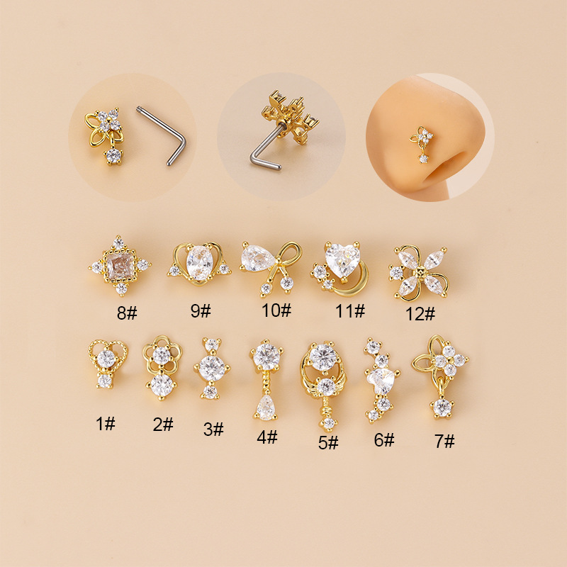 20G L-Shaped Cubic Zircon Nose - Body Jewelry Surgical Steel のレビューと価格