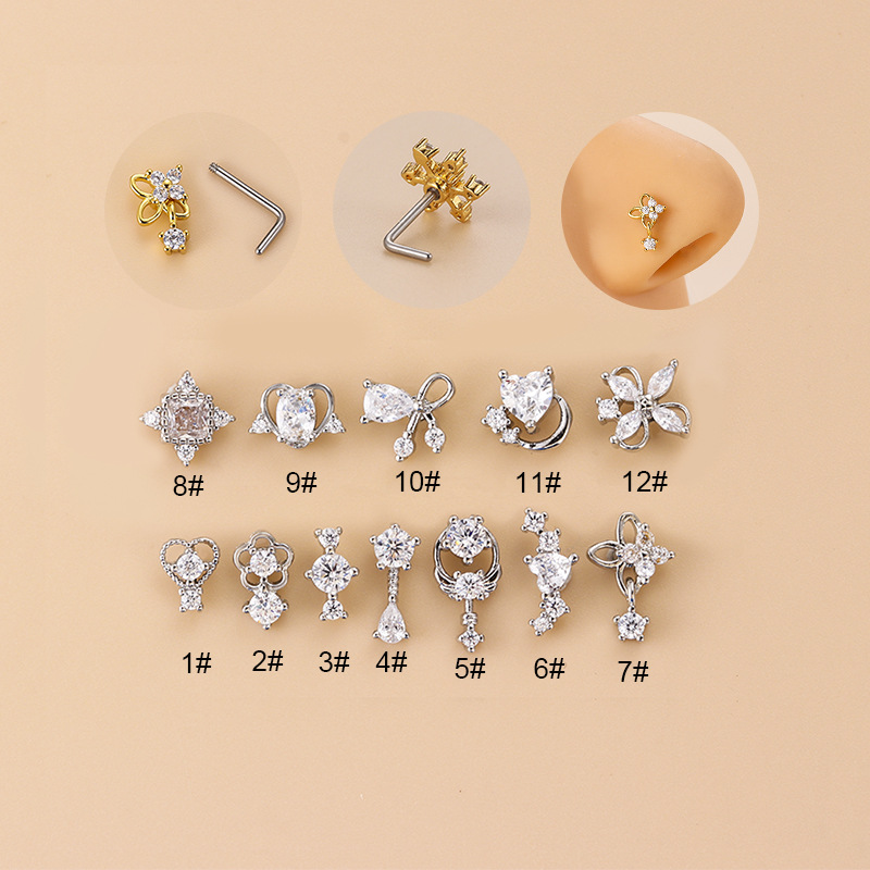 20G L-Shaped Cubic Zircon Nose - Body Jewelry Surgical Steel のレビューと価格