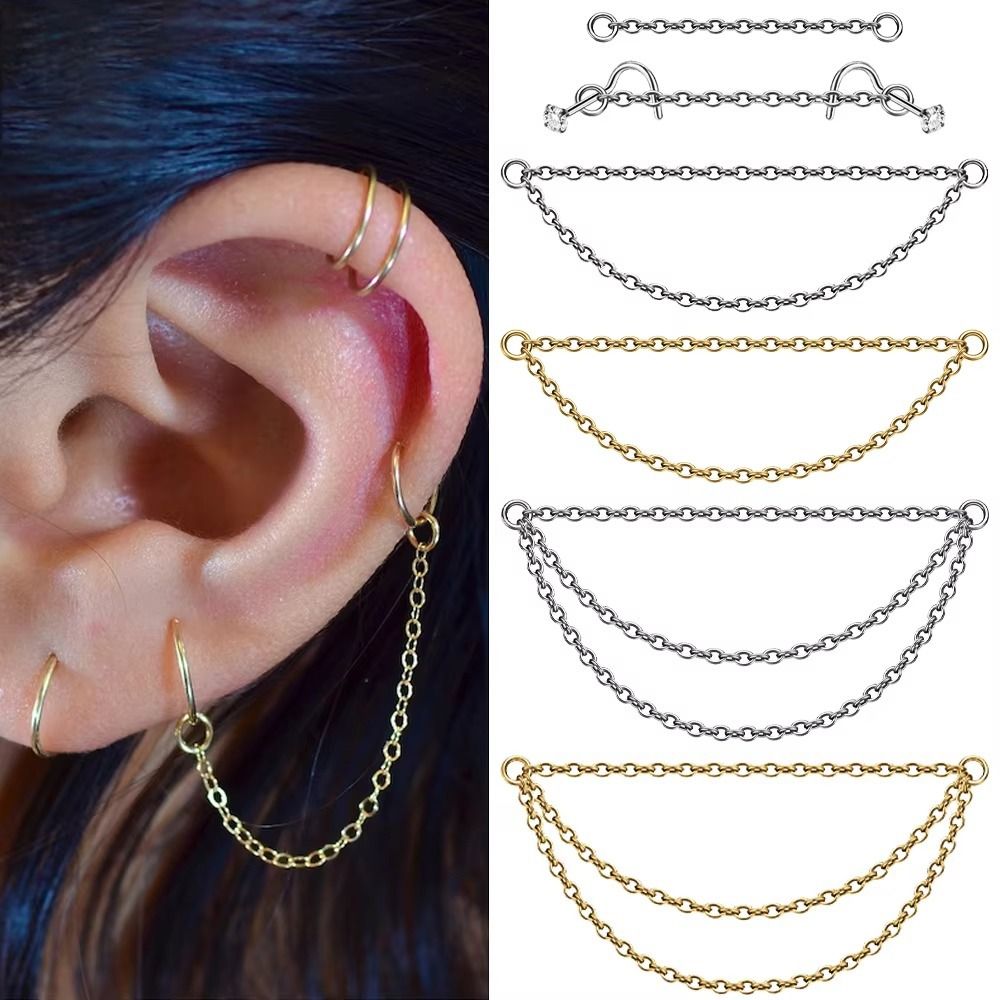 Titanium Nose Chain Double Cha - Body Jewelry Ear のレビューと価格